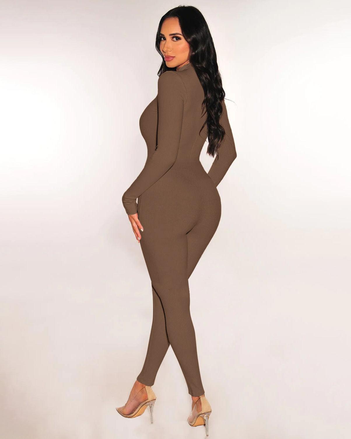 Ribbed Long Sleeves Mock Neck Jumpsuit - Wishe