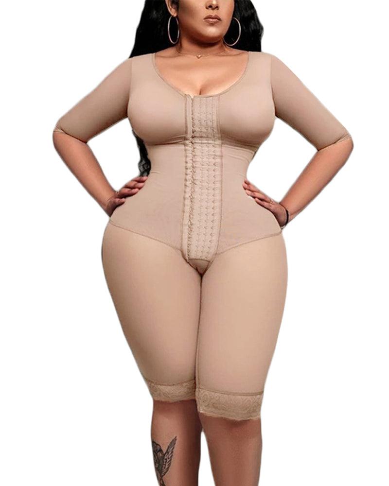 Full Body Support Arm Compression With Built In Bra Half Sleeve Mid Leg Bodysuit - Wishe