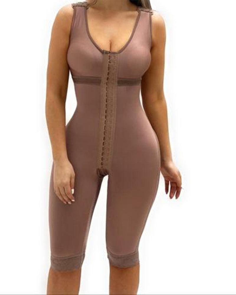 V Neck Sleeveless Knee Length Shapewear With Bra And Wide Shoulder Straps Butt-Lifting Bodysuit For Women - Wishe