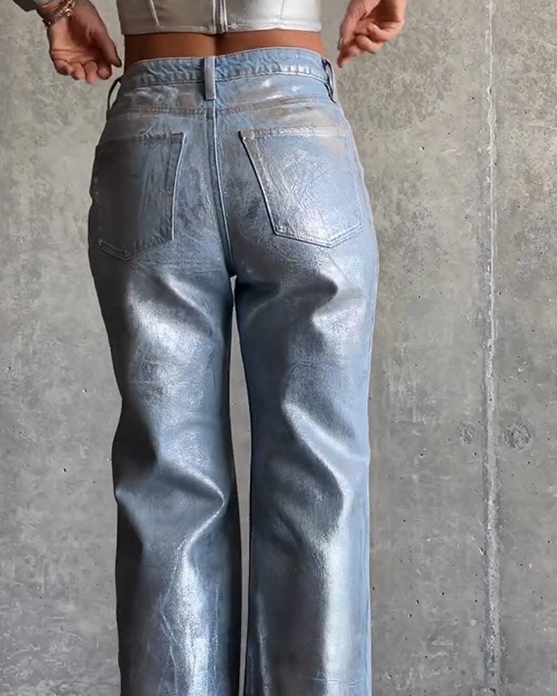 Brush Silver Metal Baggy Jeans - Wishe