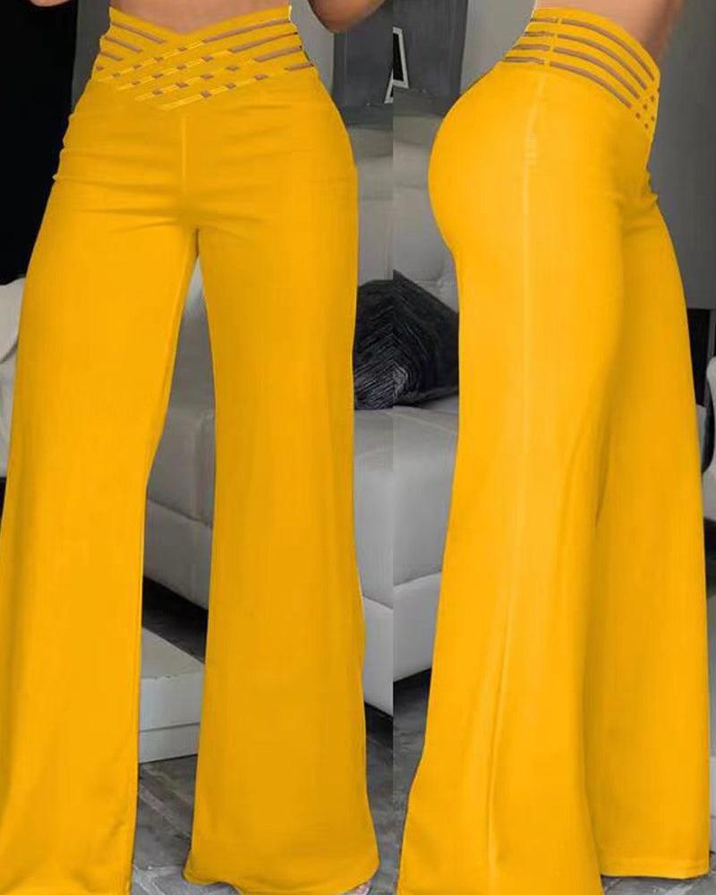 Cut-Out Belt High-Waisted Casual Wide-Leg Pants - Wishe