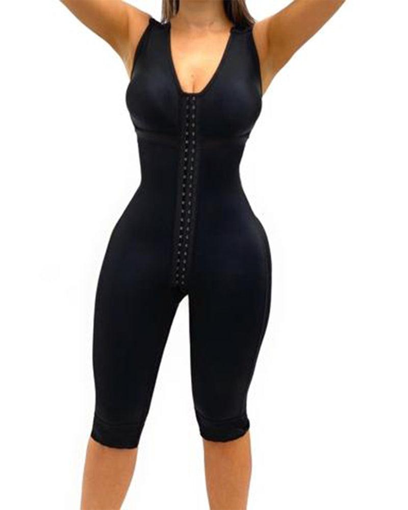 V Neck Sleeveless Knee Length Shapewear With Bra And Wide Shoulder Straps Butt-Lifting Bodysuit For Women - Wishe