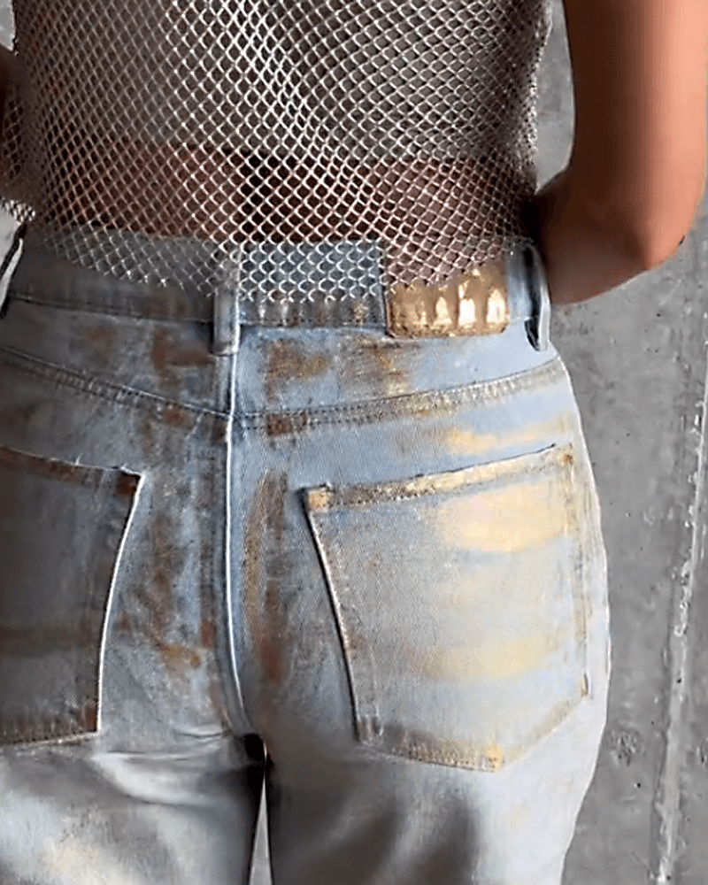 Brush Silver Metal Baggy Jeans - Wishe