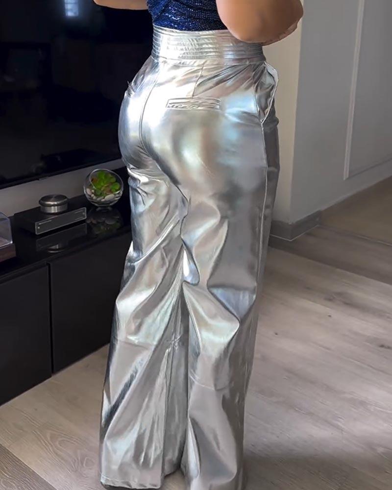 Silver Wide-Leg Pants Baggy Leather Pants (Pre-Sale) - Wishe