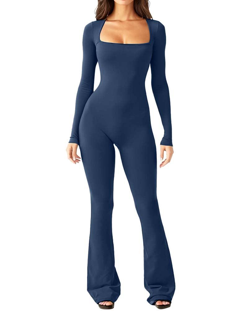 Yoga Jumpsuit With Long Sleeves And Generous Collar - Wishe