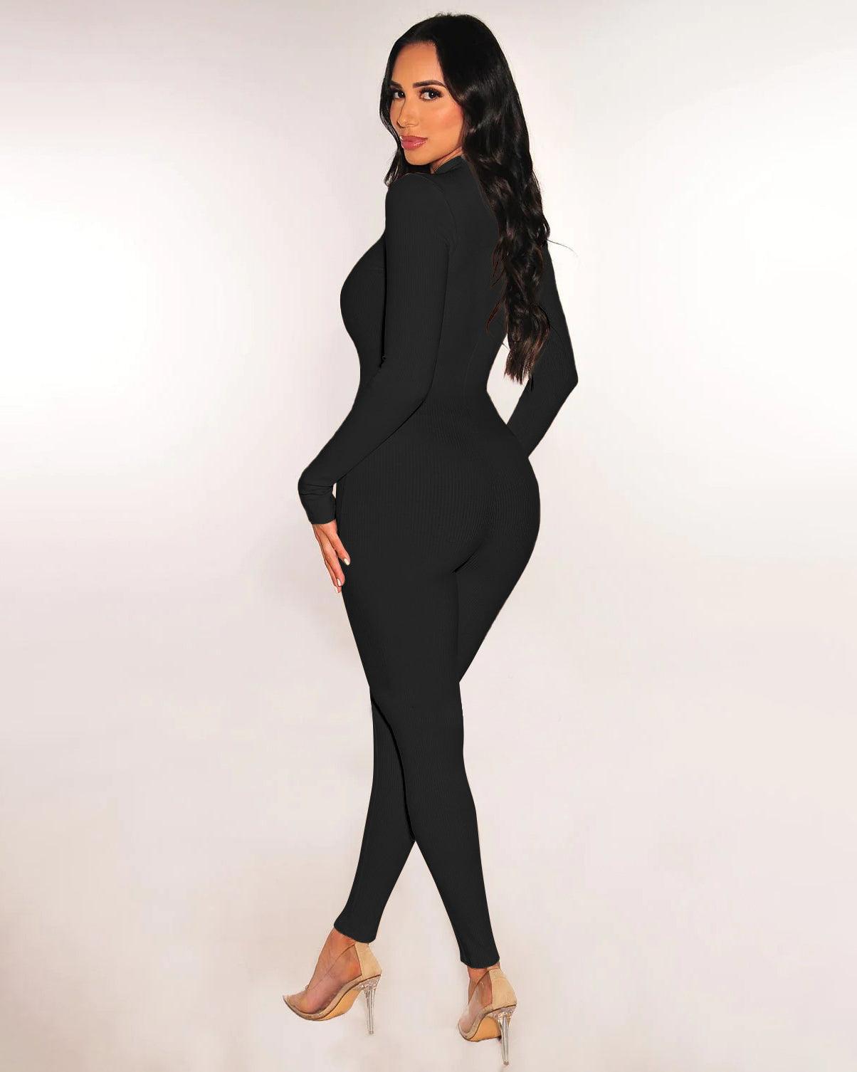 Ribbed Long Sleeves Mock Neck Jumpsuit - Wishe