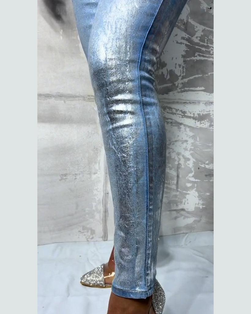 High Waist Metallic Effect Skinny Jeans - Wishe