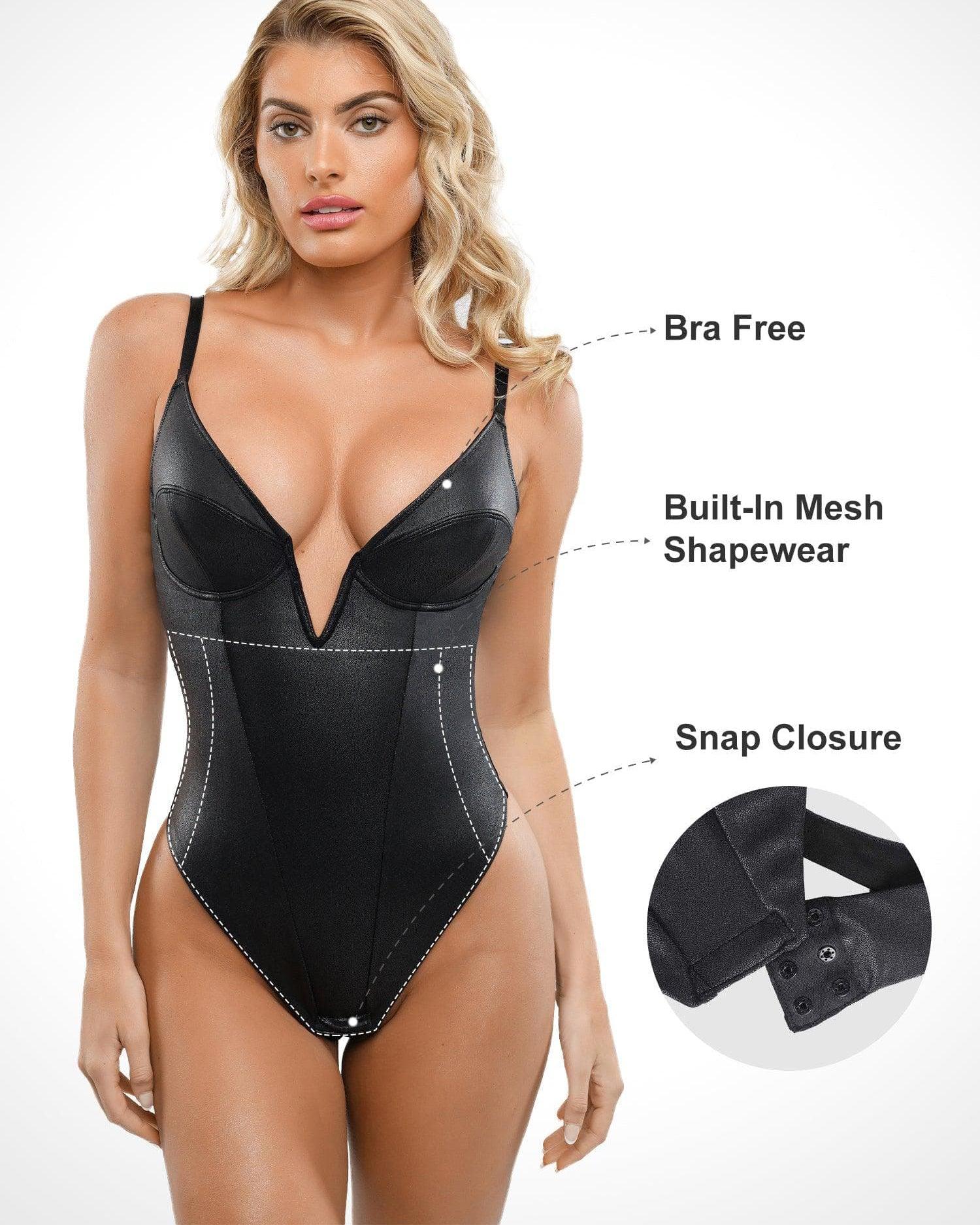 Deep V-Neck Leather Shapewear Thong Bodysuit - Wishe