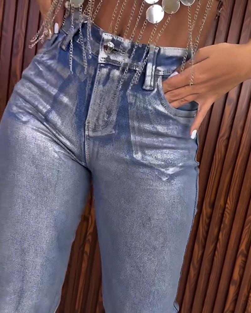 Metallic Silver Baggy Jeans (Pre-Sale) - Wishe