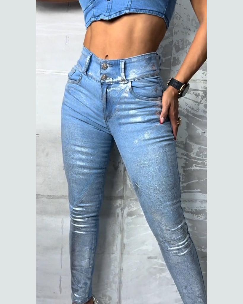 High Waist Metallic Effect Skinny Jeans - Wishe