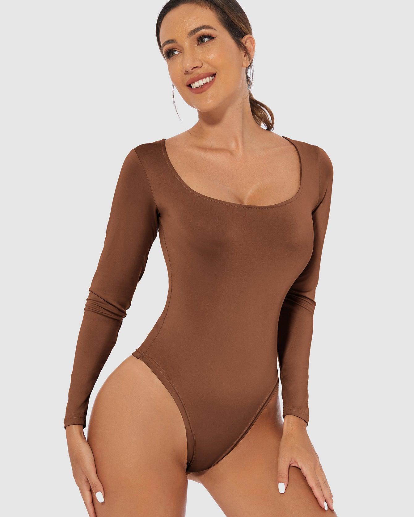 Square Neck Long Sleeves Skinny Bodysuit - Wishe