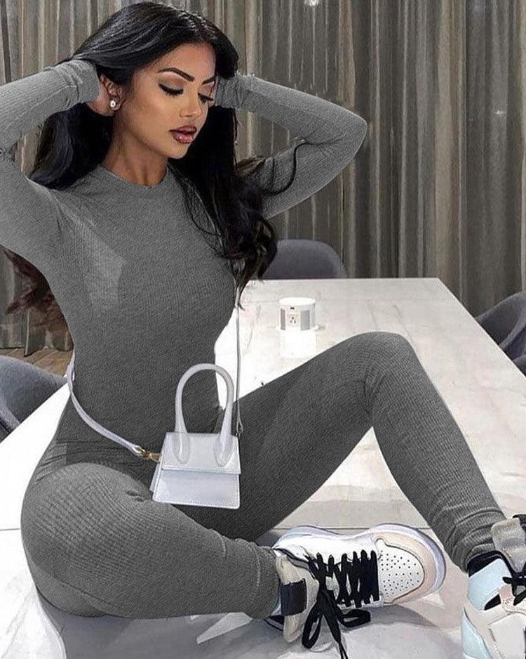 Full Body Long Sleeve Hourglass Skinny Jumpsuit - Wishe